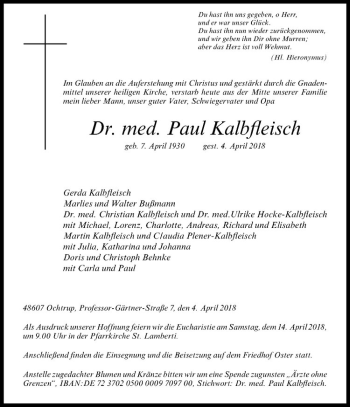 Anzeige von Paul Kalbfleisch von Westfälische Nachrichten
