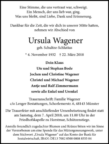Anzeige von Ursula Wagener von Westfälische Nachrichten