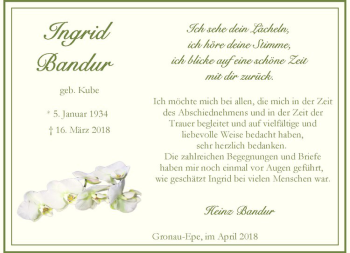Anzeige von Ingrid Bandur von Westfälische Nachrichten