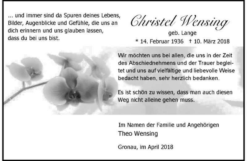  Traueranzeige für Christel Wensing vom 21.04.2018 aus Westfälische Nachrichten