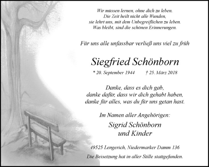  Traueranzeige für Siegfried Schönborn vom 11.04.2018 aus Westfälische Nachrichten