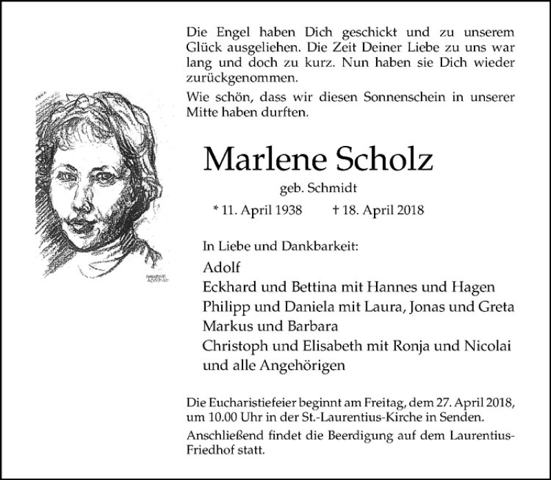  Traueranzeige für Marlene Scholz vom 21.04.2018 aus Westfälische Nachrichten