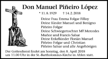 Anzeige von Don Manuel Pinero Lopez von Westfälische Nachrichten