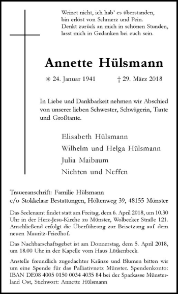 Anzeige von Annette Hülsmann von Westfälische Nachrichten