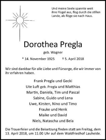 Anzeige von Dorothea Pregla von Westfälische Nachrichten
