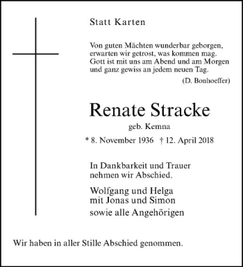 Anzeige von Renate Stracke von Westfälische Nachrichten
