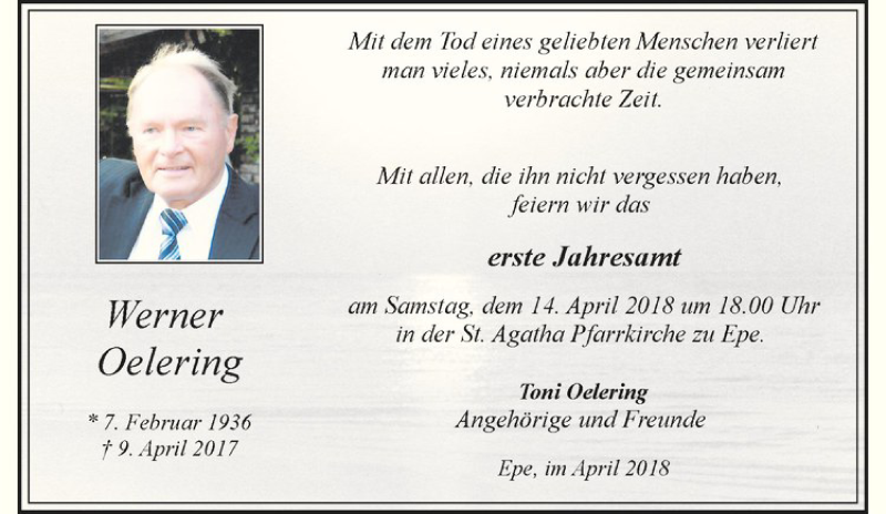  Traueranzeige für Werner Oelering vom 11.04.2018 aus Westfälische Nachrichten