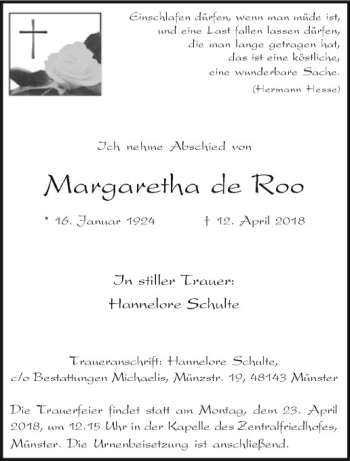 Anzeige von Margaretha de Roo von Westfälische Nachrichten