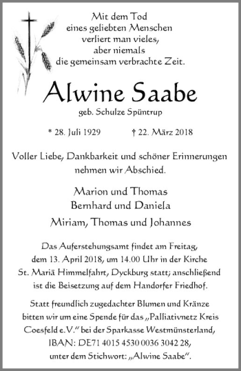 Anzeige von Alwine Saabe von Westfälische Nachrichten