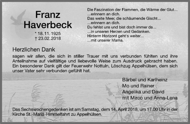  Traueranzeige für Franz Haverbeck vom 07.04.2018 aus Westfälische Nachrichten