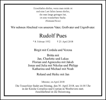 Anzeige von Rudolf Pues von Westfälische Nachrichten