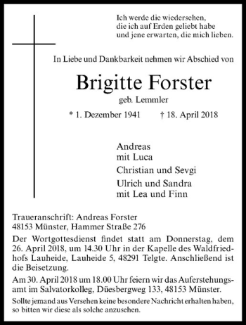 Anzeige von Brigitte Forster von Westfälische Nachrichten
