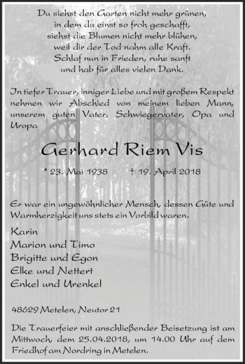 Anzeige von Gerhard Riem Vis von Westfälische Nachrichten