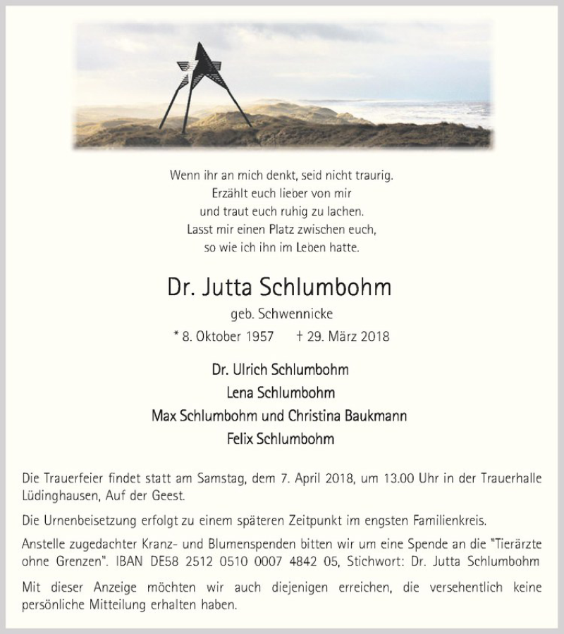  Traueranzeige für Jutta Schlumbohm vom 04.04.2018 aus Westfälische Nachrichten