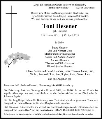 Anzeige von Toni Hesener von Westfälische Nachrichten