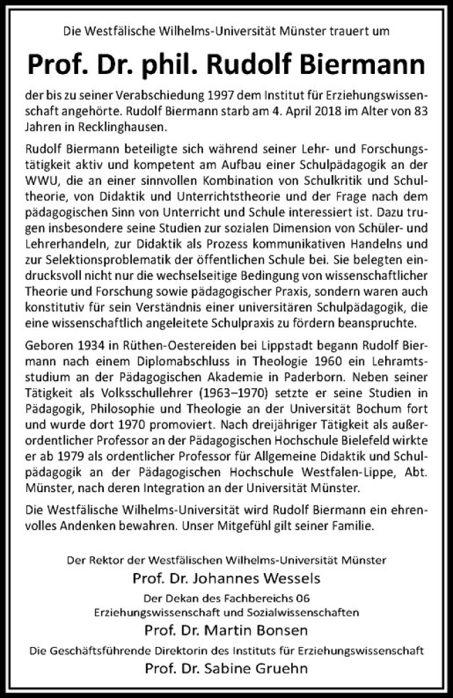  Traueranzeige für Rudolf Biermann vom 14.04.2018 aus Westfälische Nachrichten