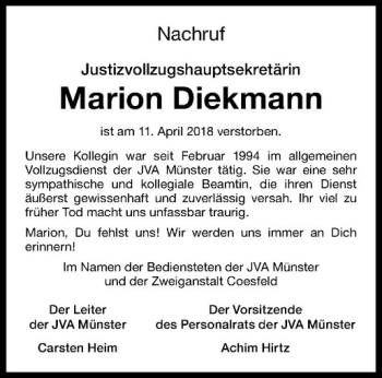 Anzeige von Marion Diekmann von Westfälische Nachrichten