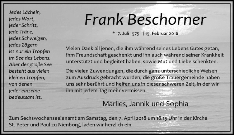  Traueranzeige für Frank Beschorner vom 04.04.2018 aus Westfälische Nachrichten