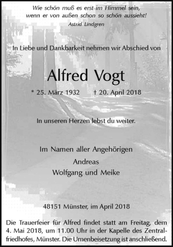 Anzeige von Alfred Vogt von Westfälische Nachrichten