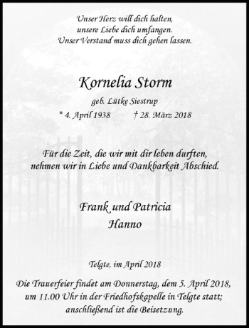 Anzeige von Kornelia Storm von Westfälische Nachrichten