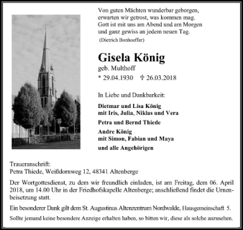 Anzeige von Gisela König von Westfälische Nachrichten