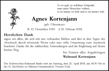 Anzeige von Agnes Kortenjann von Westfälische Nachrichten