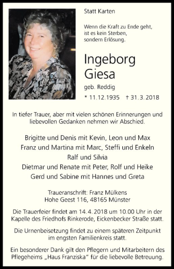 Anzeige von Ingeborg Giesa von Westfälische Nachrichten