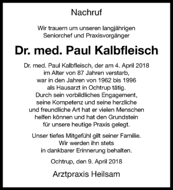 Anzeige von Paul Kalbfleisch von Westfälische Nachrichten