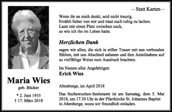 Anzeige von Edith Wies von Westfälische Nachrichten