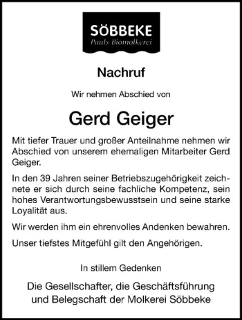 Anzeige von Gerd Geiger von Westfälische Nachrichten
