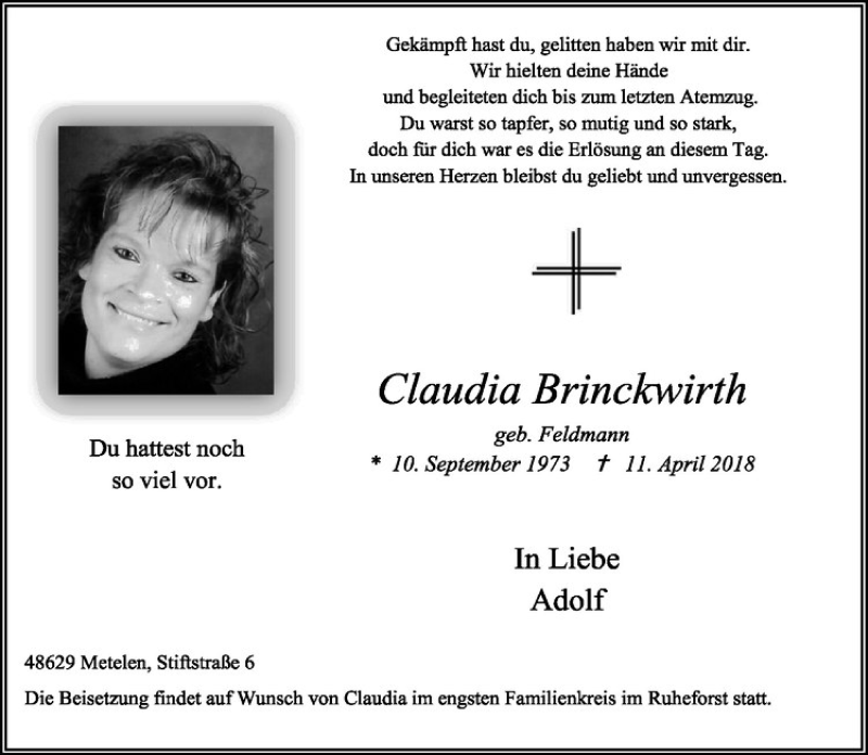  Traueranzeige für Claudia Brinckwirth vom 14.04.2018 aus Westfälische Nachrichten