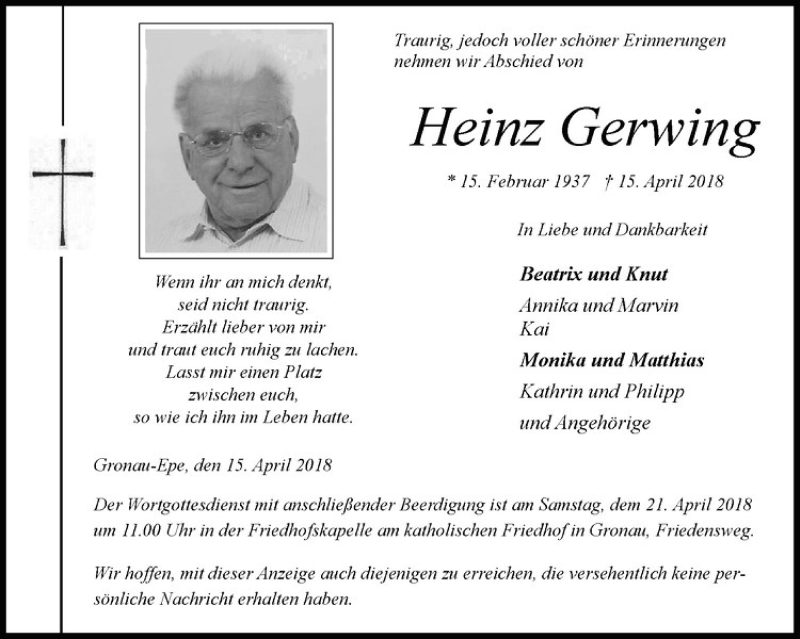  Traueranzeige für Heinz Gerwing vom 19.04.2018 aus Westfälische Nachrichten