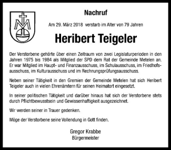 Anzeige von Heribert Teigeler von Westfälische Nachrichten