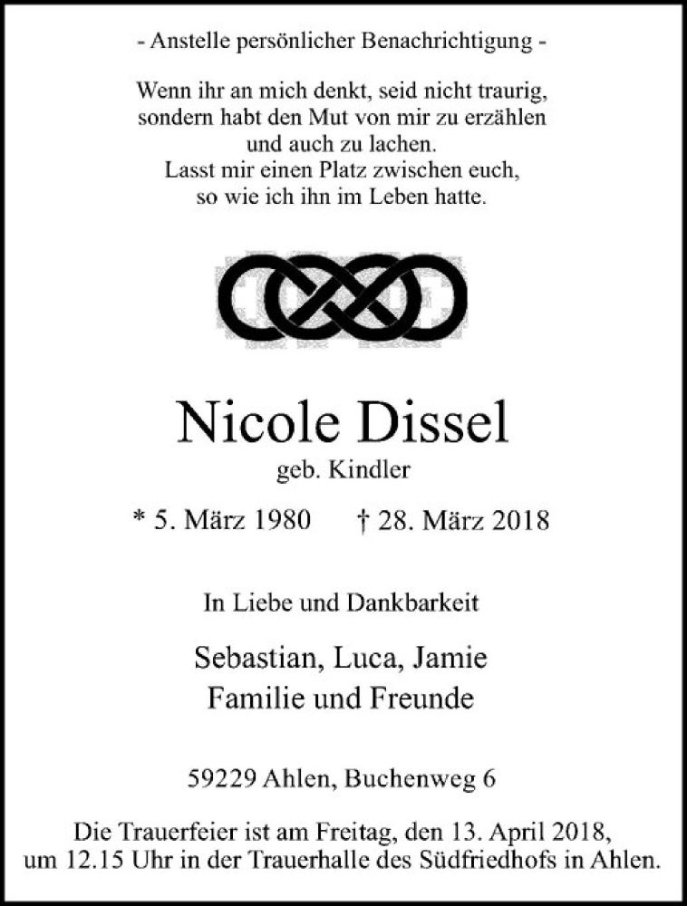 Traueranzeige für Nicole Dissel vom 07.04.2018 aus Westfälische Nachrichten