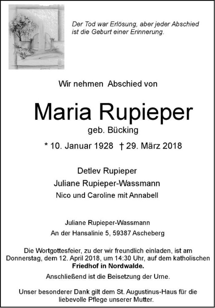  Traueranzeige für Maria Rupieper vom 07.04.2018 aus Westfälische Nachrichten
