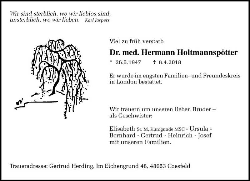  Traueranzeige für Hermann Holtmannspötter vom 24.04.2018 aus Westfälische Nachrichten