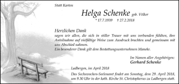 Anzeige von Helga Schenke von Westfälische Nachrichten