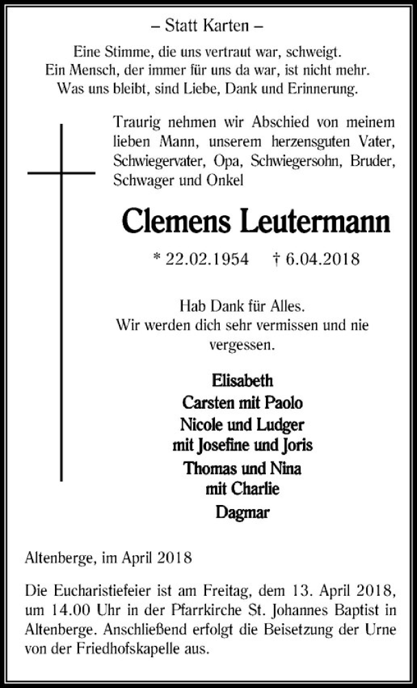  Traueranzeige für Clemens Leutermann vom 10.04.2018 aus Westfälische Nachrichten