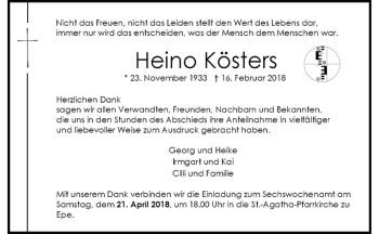 Anzeige von Heino Kösters von Westfälische Nachrichten