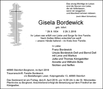 Anzeige von Gisela Bordewick von Westfälische Nachrichten