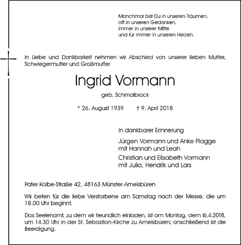  Traueranzeige für Ingrid Vormann vom 11.04.2018 aus Westfälische Nachrichten