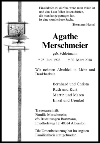 Anzeige von Agathe Merschmeier von Westfälische Nachrichten