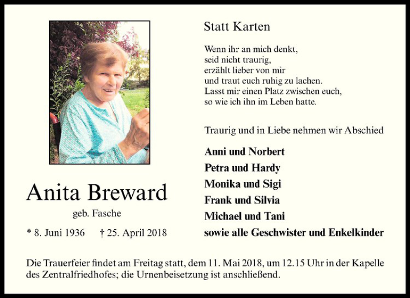 Traueranzeige für Anita Breward vom 05.05.2018 aus Westfälische Nachrichten