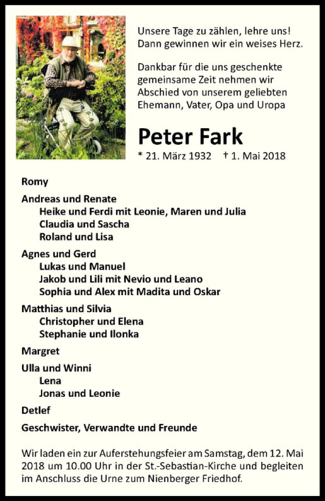  Traueranzeige für Peter Fark vom 05.05.2018 aus Westfälische Nachrichten