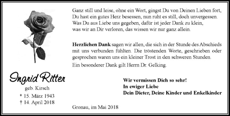  Traueranzeige für Ingrid Ritter vom 30.05.2018 aus Westfälische Nachrichten