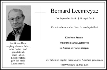 Anzeige von Bernard Lemmreyze von Westfälische Nachrichten