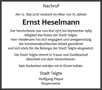 Anzeige von Ernst Heselmann von Westfälische Nachrichten
