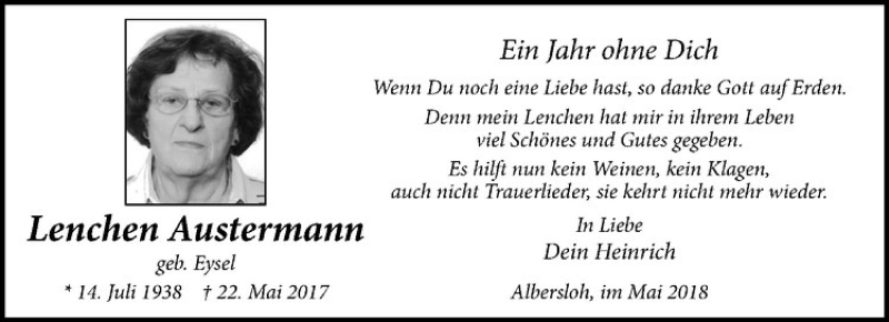  Traueranzeige für Lenchen Austermann vom 26.05.2018 aus Westfälische Nachrichten