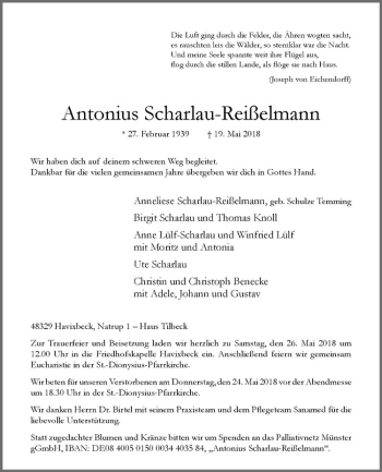 Anzeige von Antonius Scharlau-Reißelmann von Westfälische Nachrichten