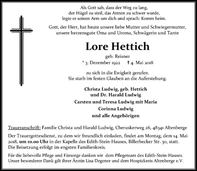  Traueranzeige für Lore Hettich vom 09.05.2018 aus Westfälische Nachrichten